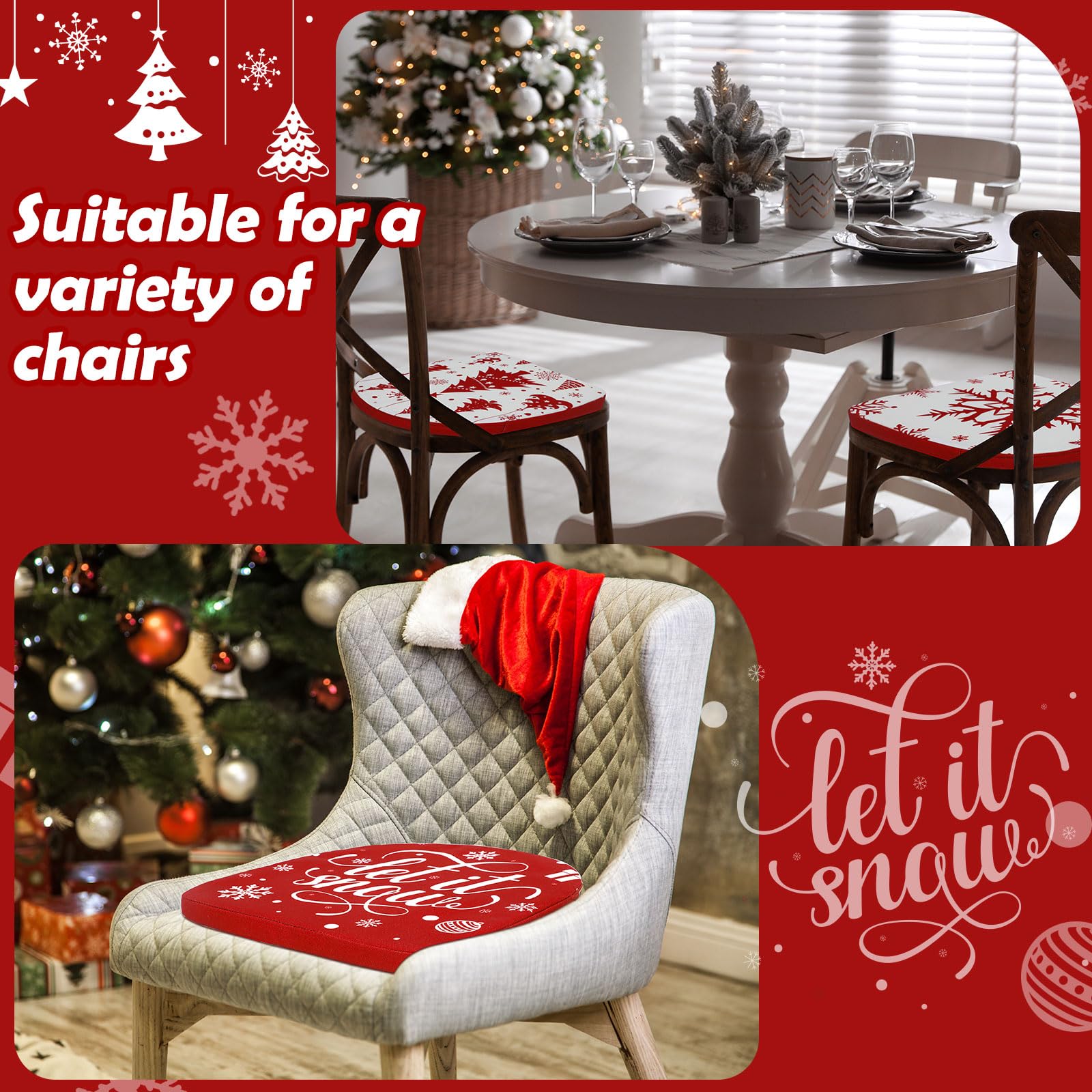 Barydat 4 Pcs Christmas Chair Cushions with Ties for Dining Chairs 16''x16'' Memory Foam Snowflake Xmas Tree Pattern Chair Pad Non Slip Seat Cushion with Washable Cover for Home Kitchen Office Holiday