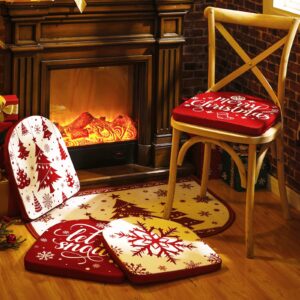 Barydat 4 Pcs Christmas Chair Cushions with Ties for Dining Chairs 16''x16'' Memory Foam Snowflake Xmas Tree Pattern Chair Pad Non Slip Seat Cushion with Washable Cover for Home Kitchen Office Holiday