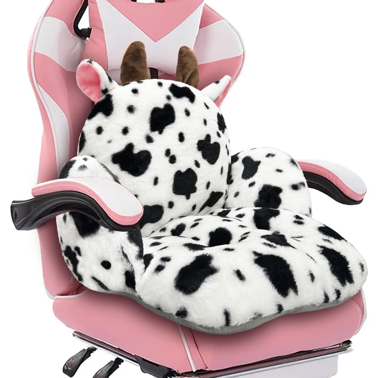 QIUODO Cute Chair Cushion, Gaming Chair Cushion with Backrest Non-Slip, Comfy Seat Cushion for Office Desk, Kawaii Chair Cushions for Gamer, Soft Chair Cushion for Room Bedroom Decor（Fancy Cow）