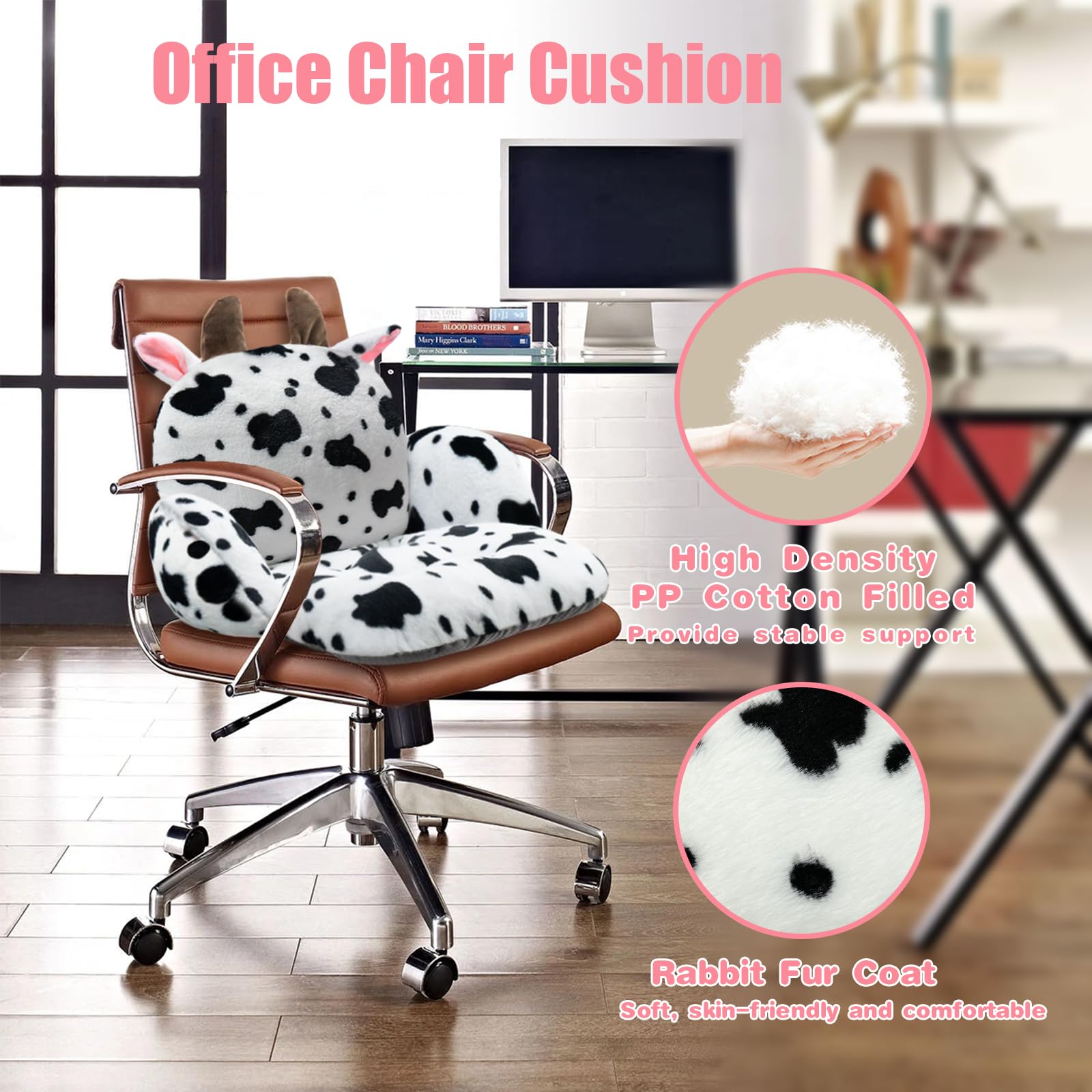 QIUODO Cute Chair Cushion, Gaming Chair Cushion with Backrest Non-Slip, Comfy Seat Cushion for Office Desk, Kawaii Chair Cushions for Gamer, Soft Chair Cushion for Room Bedroom Decor（Fancy Cow）