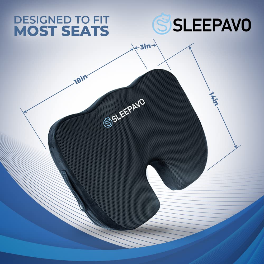 Sleepavo Soft Memory Foam Seat Cushion for Office Chair - Pillow for Sciatica, Coccyx, Back, Tailbone and Lower Back Pain Relief - Orthopedic Chair Pad for Lumbar Support in Office Desk, Car, Airplane