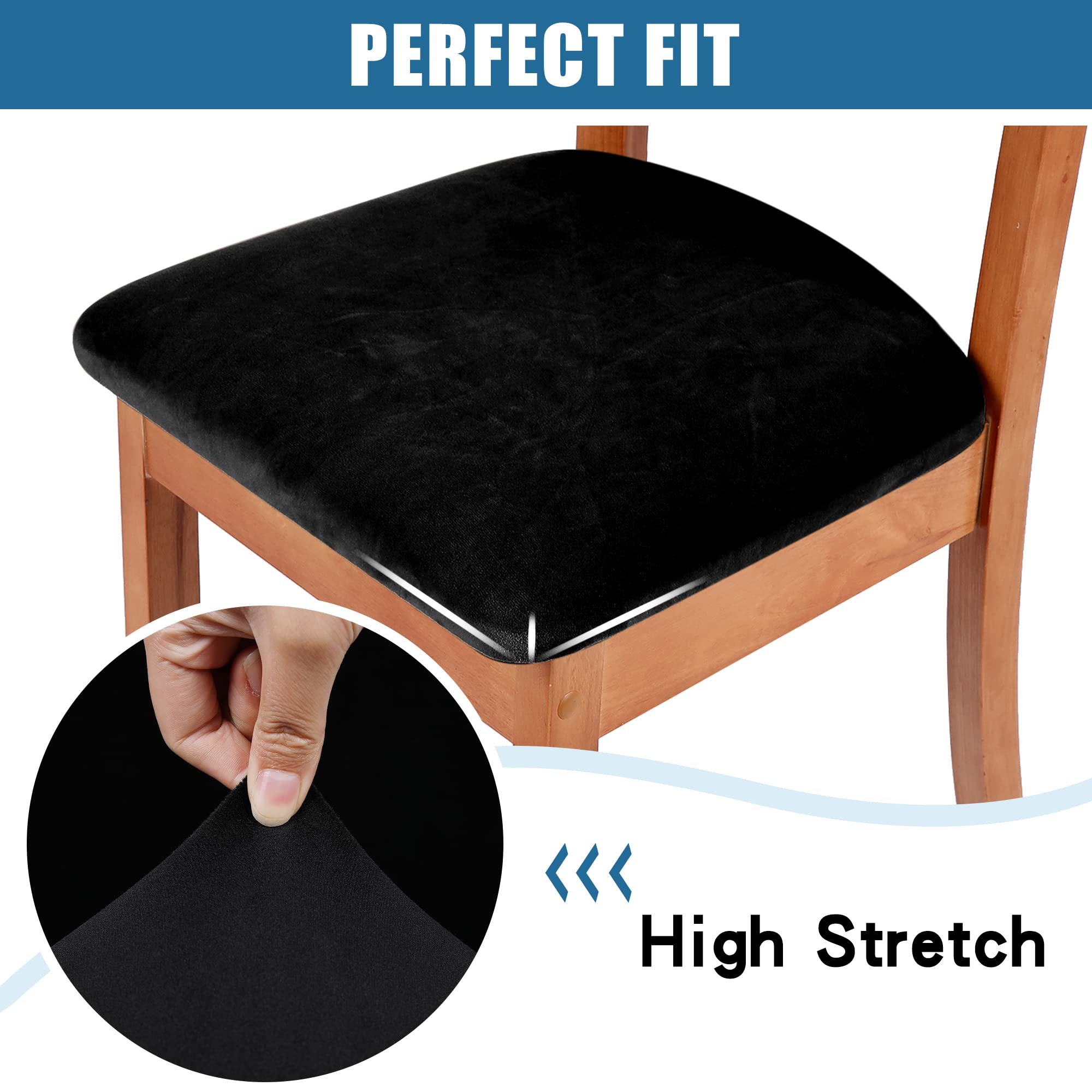 smiry Velvet Seat Covers for Dining Room Chair Set of 2, Stretch Fit Removable Washable Chair Seat Cushion Protector Slipcovers with Ties, Black