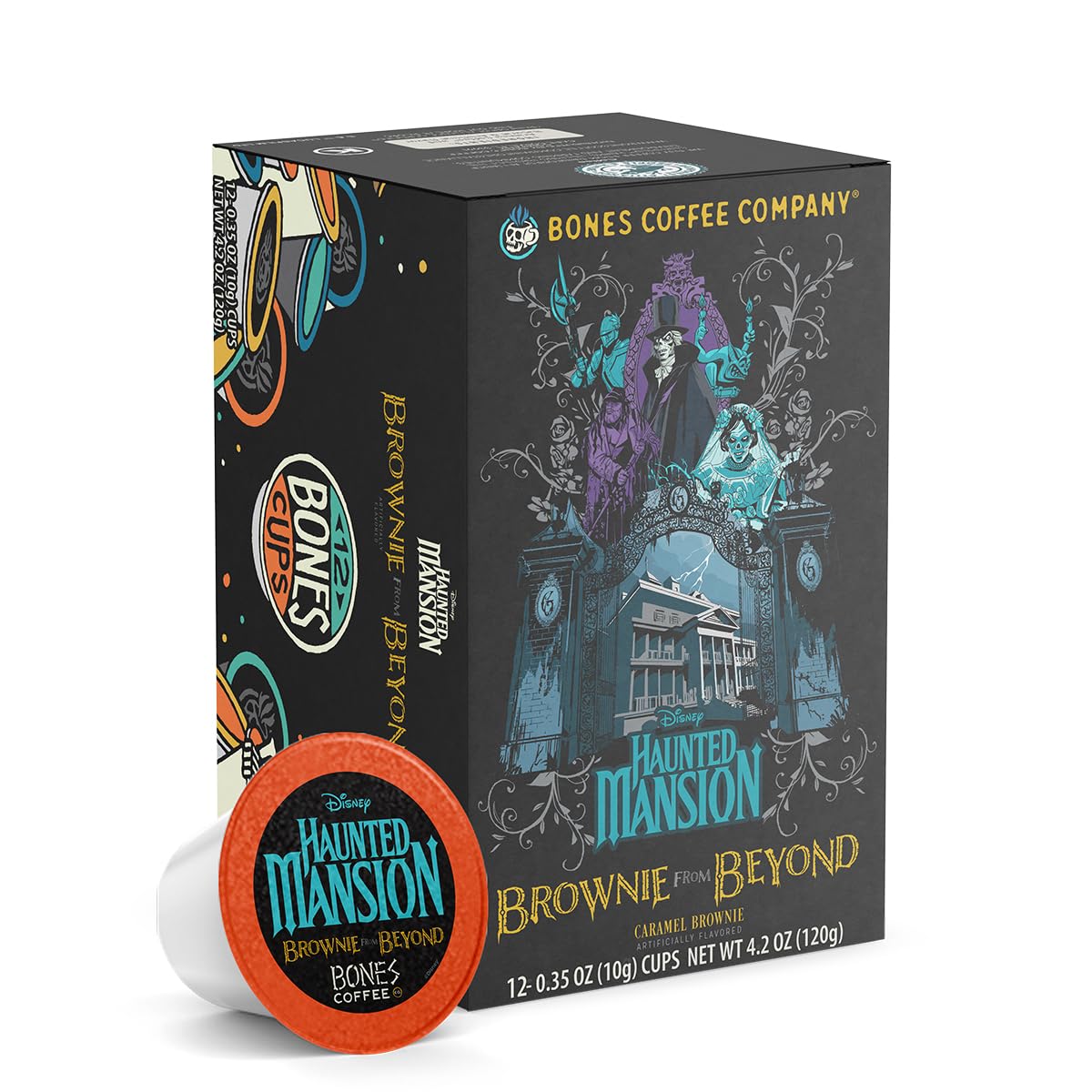 Bones Coffee Company Haunted Mansion Brownie From Beyond Coffee Pods Caramel Brownie Flavor Single-Serve Keurig Coffee Pods 1.0 & 2.0 Keurig Coffee Machine Compatible, Low Acid Medium Roast (12 ct)