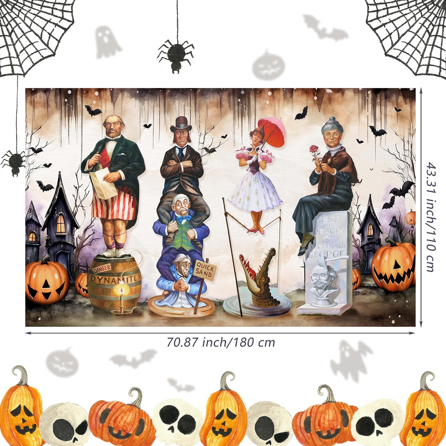 Large Haunted Mansion Portraits Banner Halloween Decoration,Vintage Horror Poster Halloween Party Photo Booth Props Wall Decor Inside Outdoor Halloween Decorations 5.9x3.6
