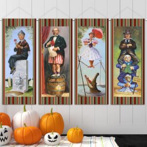Large set of 4 Haunted Mansion Stretching Portraits Outdoor Vinyl Halloween Decoration, Haunted Mansion Backdrop Halloween Vintage Horror Poster for Home Wall Decor Art Photo Hanging Banner