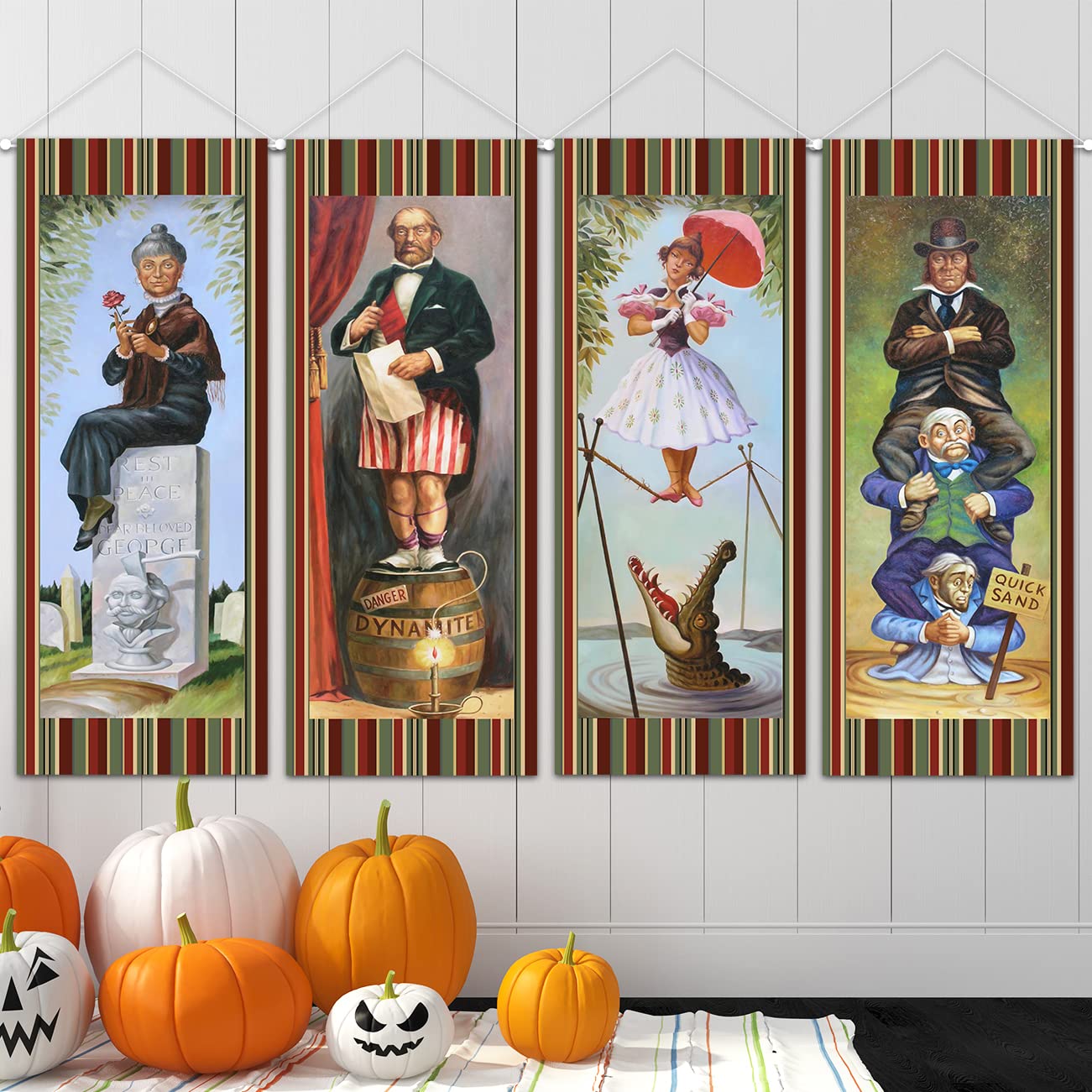 Large set of 4 Haunted Mansion Stretching Portraits Outdoor Vinyl Halloween Decoration, Haunted Mansion Backdrop Halloween Vintage Horror Poster for Home Wall Decor Art Photo Hanging Banner