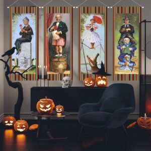 Large set of 4 Haunted Mansion Stretching Portraits Outdoor Vinyl Halloween Decoration, Haunted Mansion Backdrop Halloween Vintage Horror Poster for Home Wall Decor Art Photo Hanging Banner