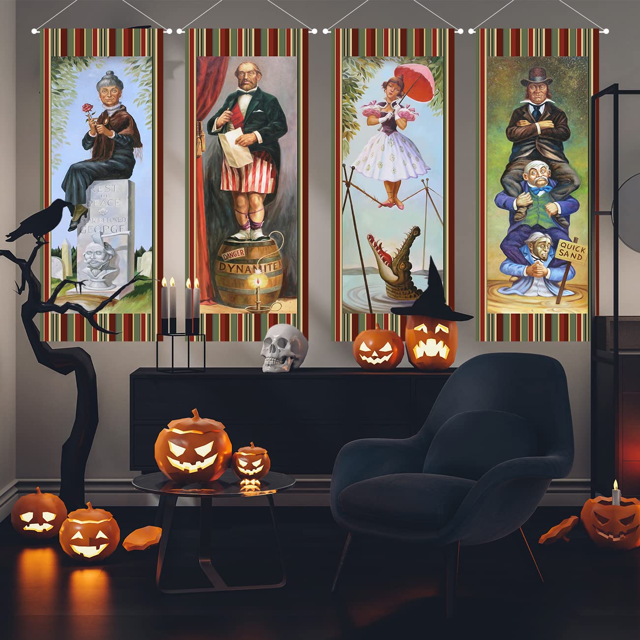 Large set of 4 Haunted Mansion Stretching Portraits Outdoor Vinyl Halloween Decoration, Haunted Mansion Backdrop Halloween Vintage Horror Poster for Home Wall Decor Art Photo Hanging Banner