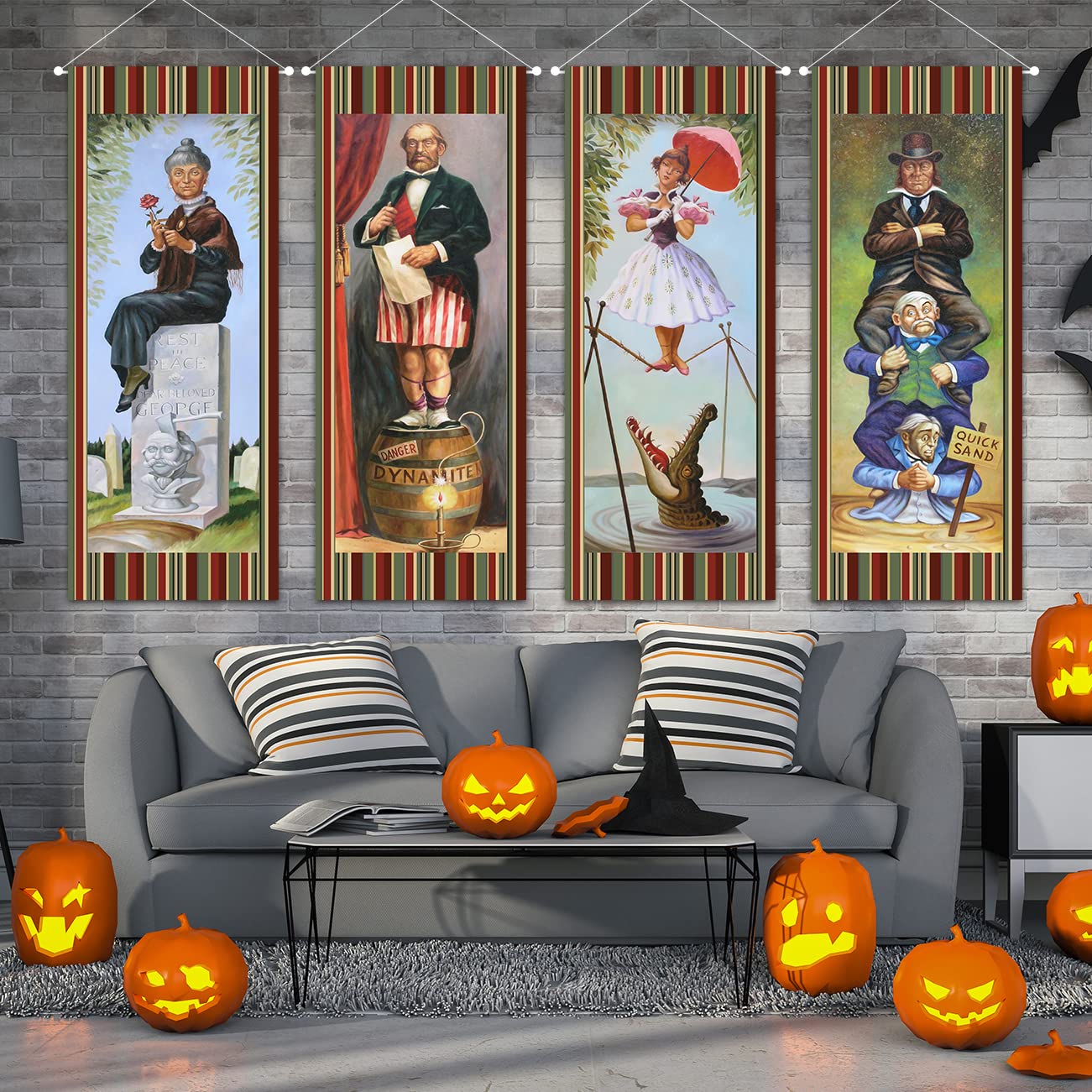 Large set of 4 Haunted Mansion Stretching Portraits Outdoor Vinyl Halloween Decoration, Haunted Mansion Backdrop Halloween Vintage Horror Poster for Home Wall Decor Art Photo Hanging Banner