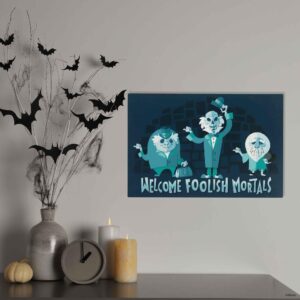 Disney Haunted Mansion Hitchhiking Ghosts Welcome Foolish Mortals Metal Sign - Fun Hitchhiking Ghosts Sign for Halloween Decor