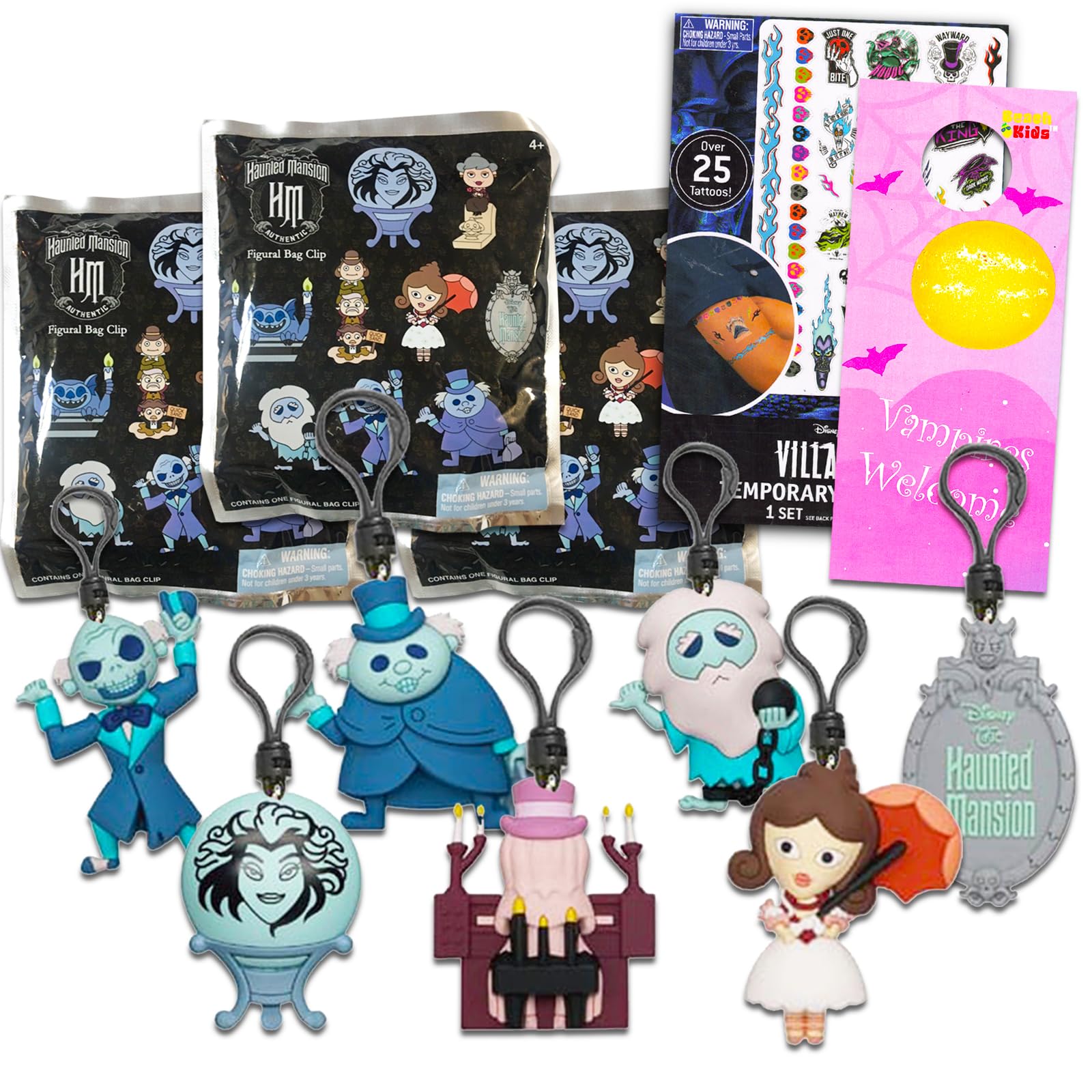 Disney Haunted Mansion Blind Bags Party Favors 3 Pack - Bundle with 3 Haunted Mansion Keychain Mystery Figures Plus Tattoos, More | Hanuted Mansion Bag Clips for Kids, Adults