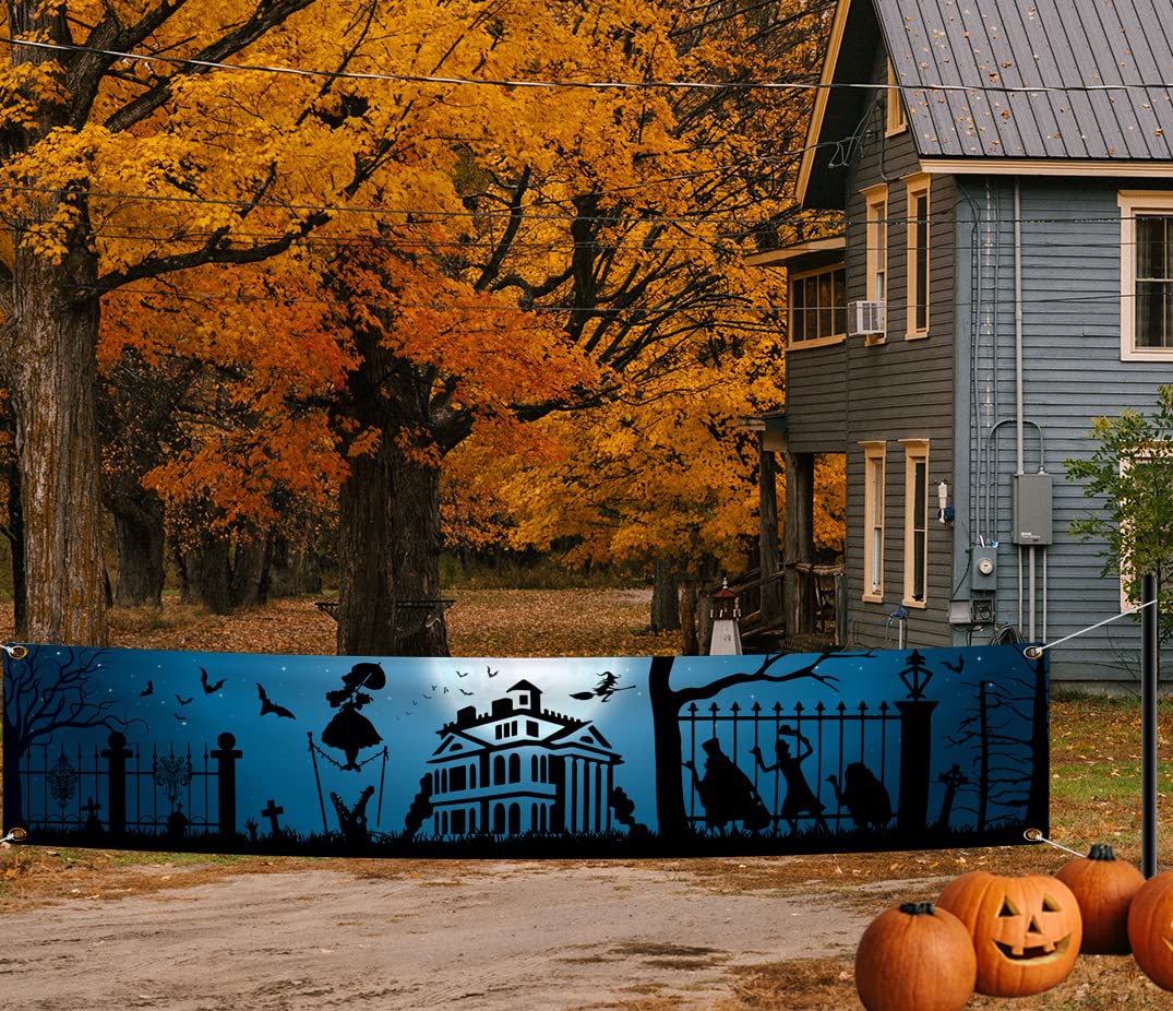 Haunted Mansion Decoration,Halloween Party Supplies Hitchhiking Ghosts Yard Sign Banner for Happy Halloween Party Decoration