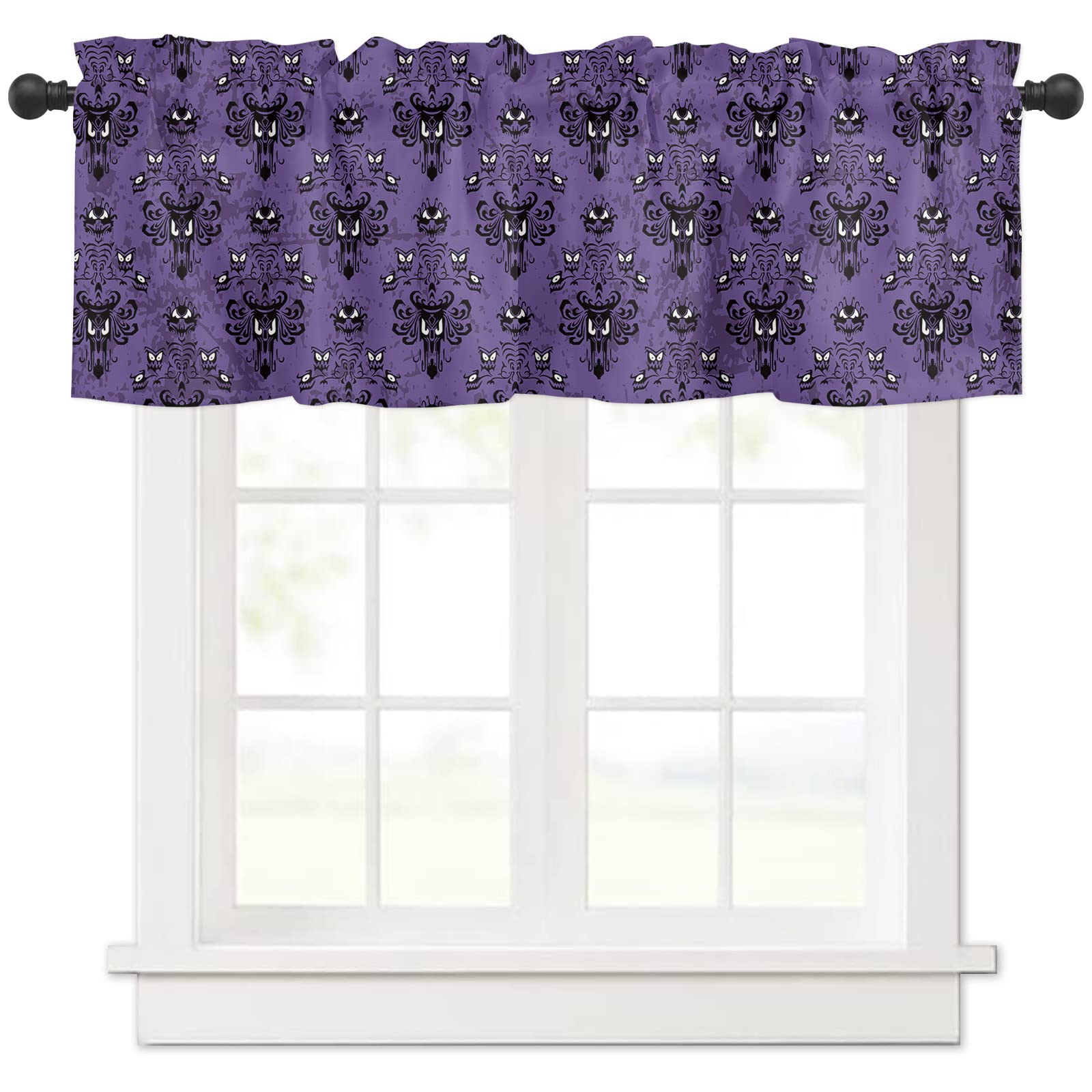 BestLives Halloween Curtain Valance for Windows Haunted Mansion Ghost Purple Rod Pocket Valance Window Treatments 1 Panel Short Curtains for Kitchen Windows Bathroom 54 x 18 inch