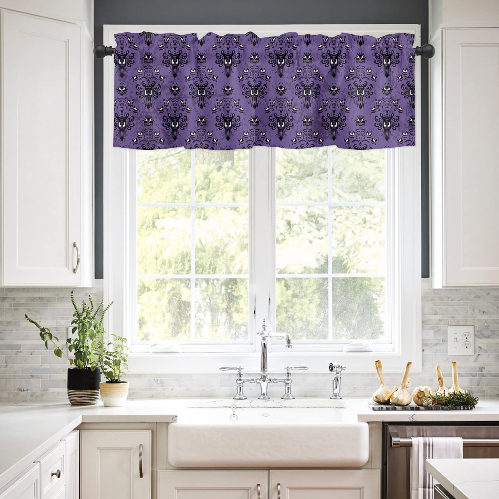 BestLives Halloween Curtain Valance for Windows Haunted Mansion Ghost Purple Rod Pocket Valance Window Treatments 1 Panel Short Curtains for Kitchen Windows Bathroom 54 x 18 inch