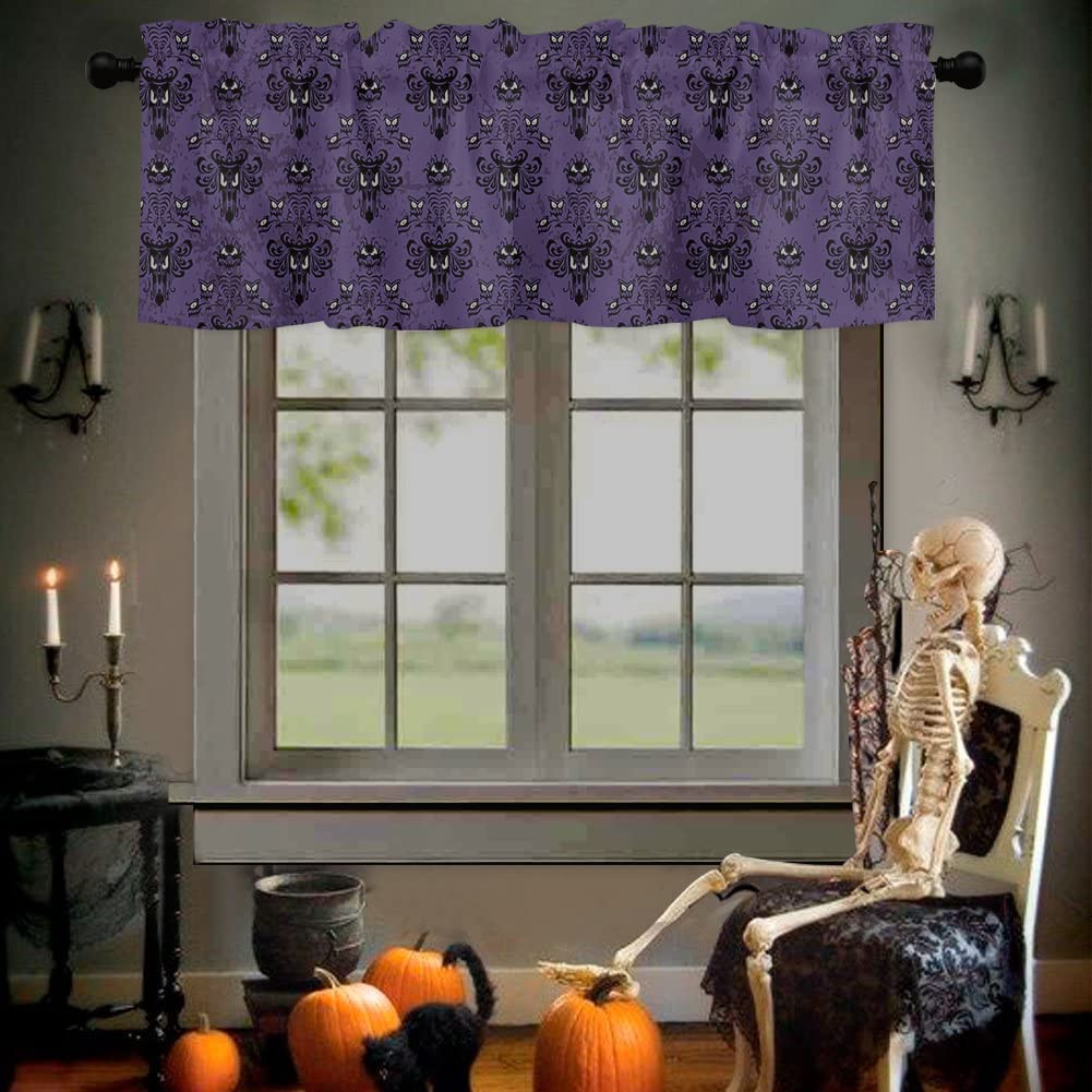 BestLives Halloween Curtain Valance for Windows Haunted Mansion Ghost Purple Rod Pocket Valance Window Treatments 1 Panel Short Curtains for Kitchen Windows Bathroom 54 x 18 inch