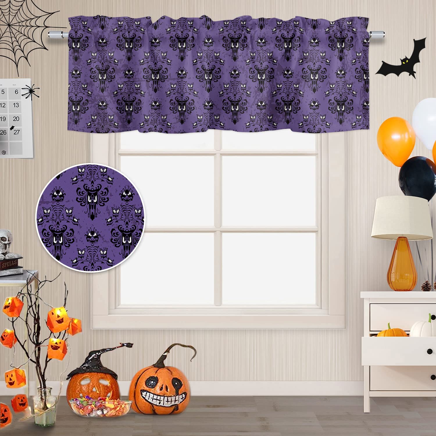 BestLives Halloween Curtain Valance for Windows Haunted Mansion Ghost Purple Rod Pocket Valance Window Treatments 1 Panel Short Curtains for Kitchen Windows Bathroom 54 x 18 inch