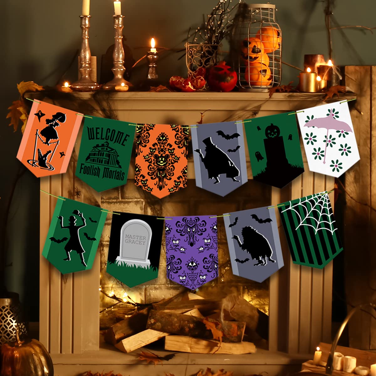 Haunted Mansion Decoration-Halloween Party Banner Decoration,11pcs Halloween Hitchhiking Ghosts Hanging Fireplace Banner Garland for Happy Halloween Party Decoration