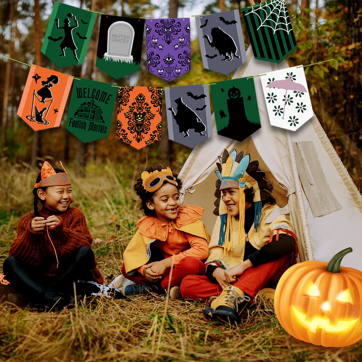 Haunted Mansion Decoration-Halloween Party Banner Decoration,11pcs Halloween Hitchhiking Ghosts Hanging Fireplace Banner Garland for Happy Halloween Party Decoration