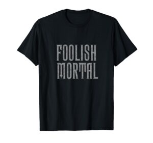 the haunted mansion foolish mortal patterned text logo t-shirt