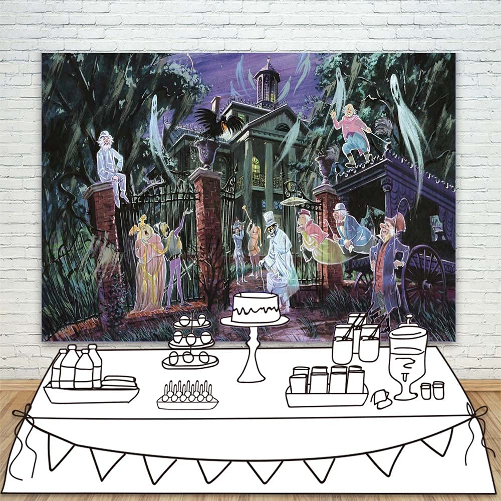 VV Backdrop Disneyland Haunted Mansion Backdrop 7x5 Ghost Wooden House Haunted Mansion Outdoor Background for Halloween Party Vinyl Black Night Halloween Backdrops for Photography