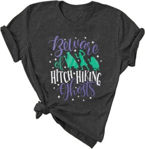 beware of hitch hiking ghost shirt women funny halloween shirt haunted shirt ghost t-shirt short sleeve shirt gray