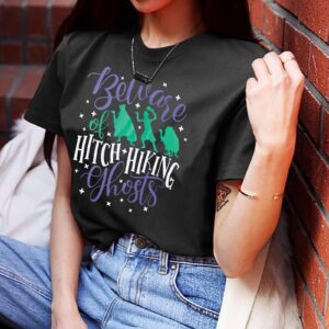 Beware of Hitch Hiking Ghost Shirt Women Funny Halloween Shirt Haunted Shirt Ghost T-Shirt Short Sleeve Shirt Gray