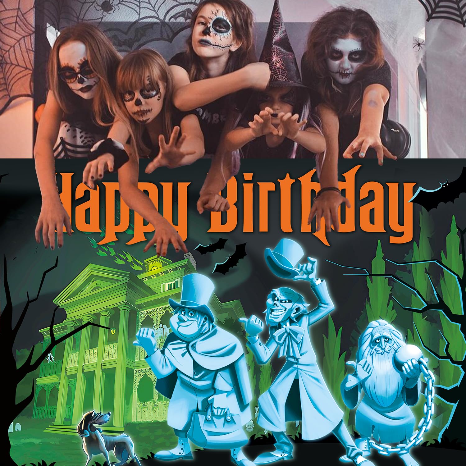 5x3FT Haunted House Birthday Decorations Banner, Halloween Haunted House Decor Happy Birthday Banner, Cartoon Halloween Haunted House Birthday Party Supplies Photography Decorations