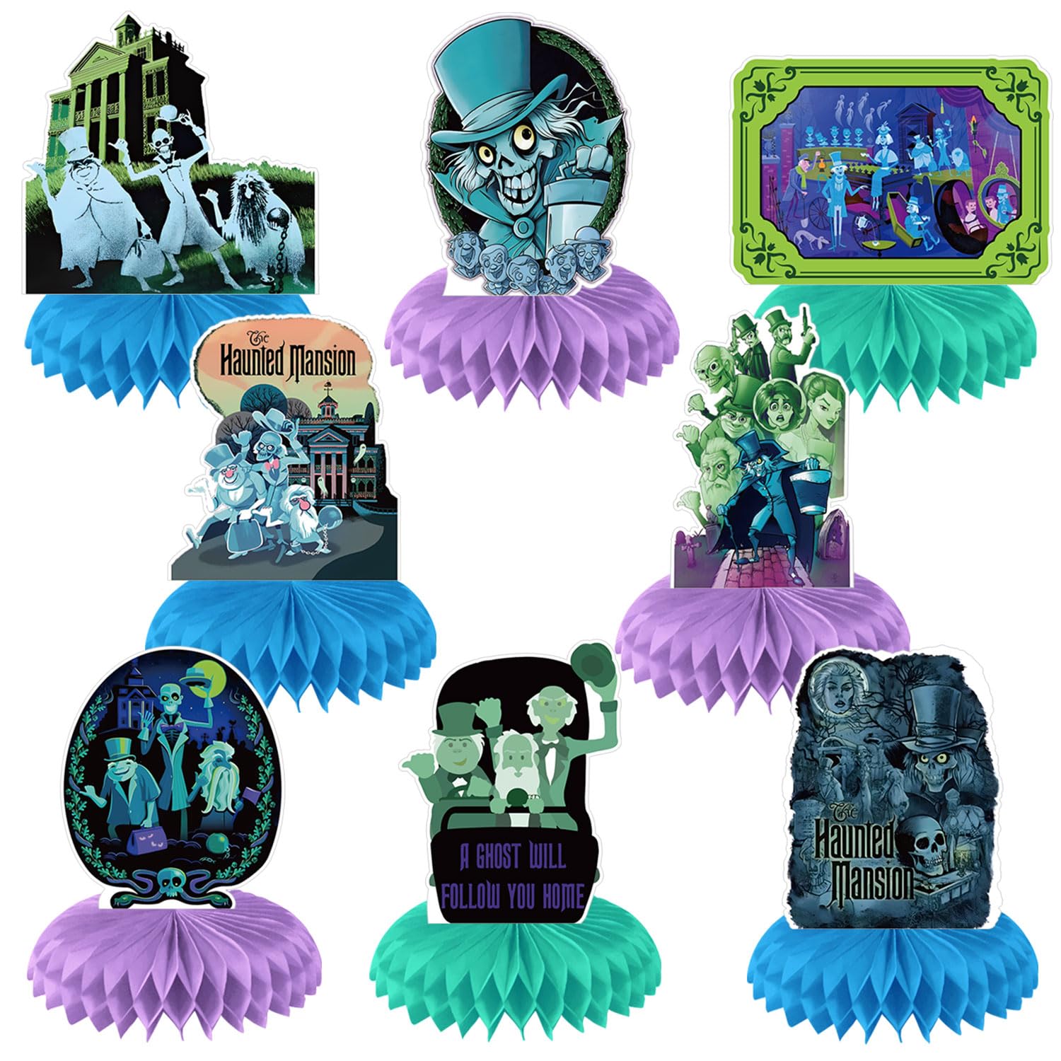 Haunted Mansion Party Decorations Honeycomb Centerpiece, 8 Pieces Halloween Horror Theme 3D Double Side Cake Toppers Table Centerpieces, Haunted Mansion Photo Backdrop for Kids Birthday Party