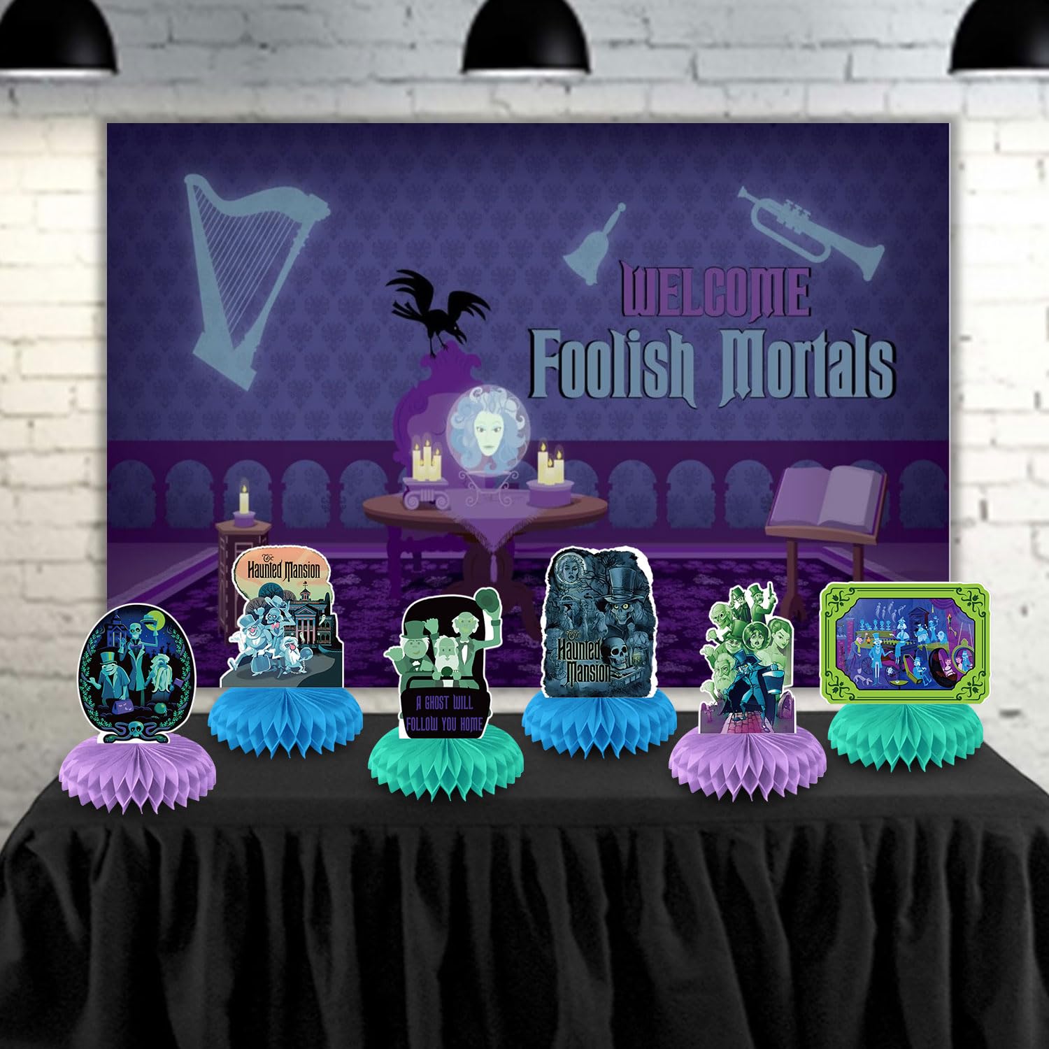 Haunted Mansion Party Decorations Honeycomb Centerpiece, 8 Pieces Halloween Horror Theme 3D Double Side Cake Toppers Table Centerpieces, Haunted Mansion Photo Backdrop for Kids Birthday Party