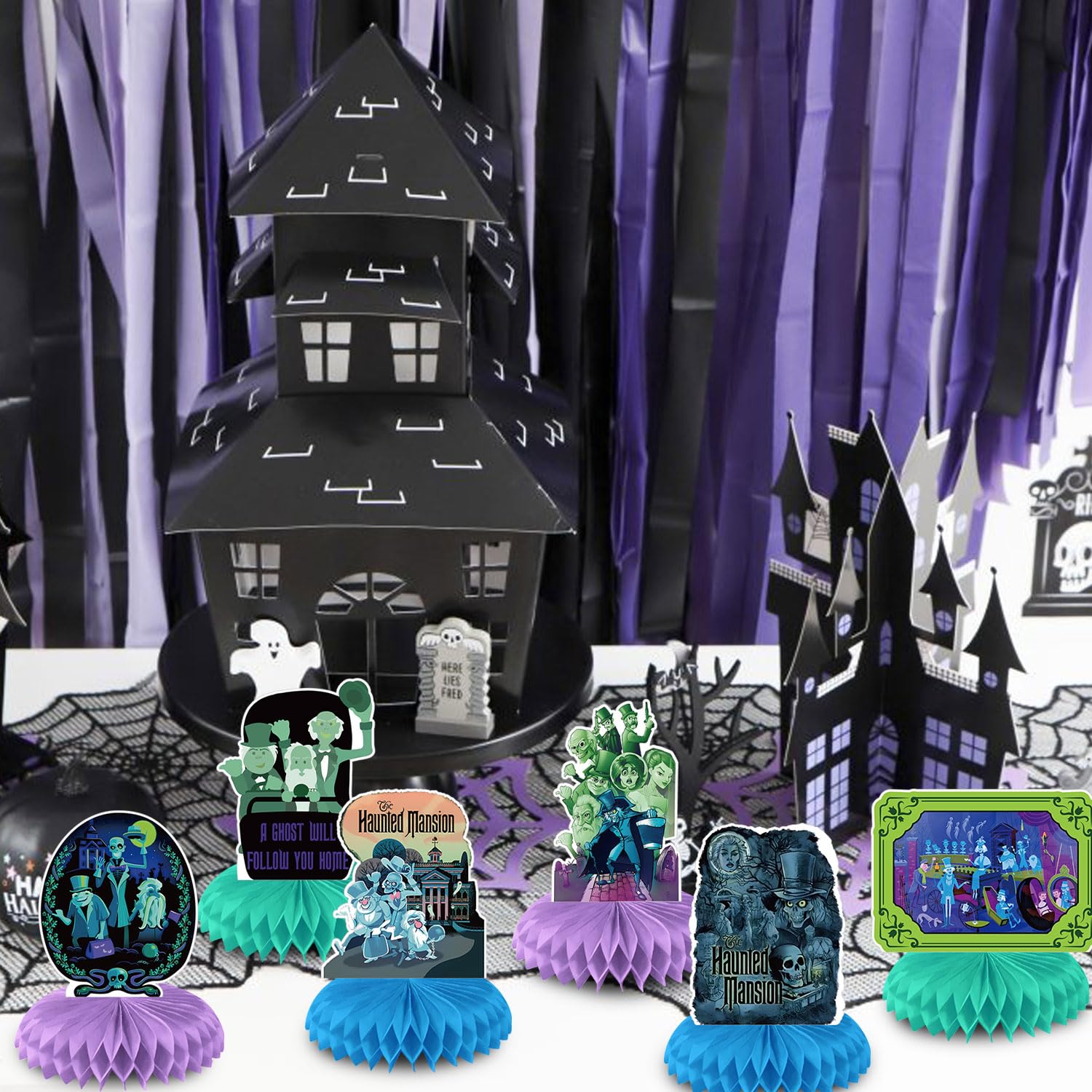 Haunted Mansion Party Decorations Honeycomb Centerpiece, 8 Pieces Halloween Horror Theme 3D Double Side Cake Toppers Table Centerpieces, Haunted Mansion Photo Backdrop for Kids Birthday Party