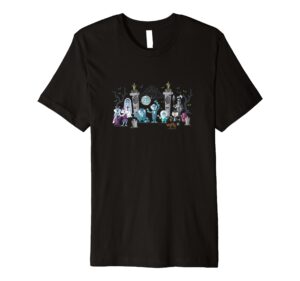 the haunted mansion iconic characters at mansion's entrance premium t-shirt