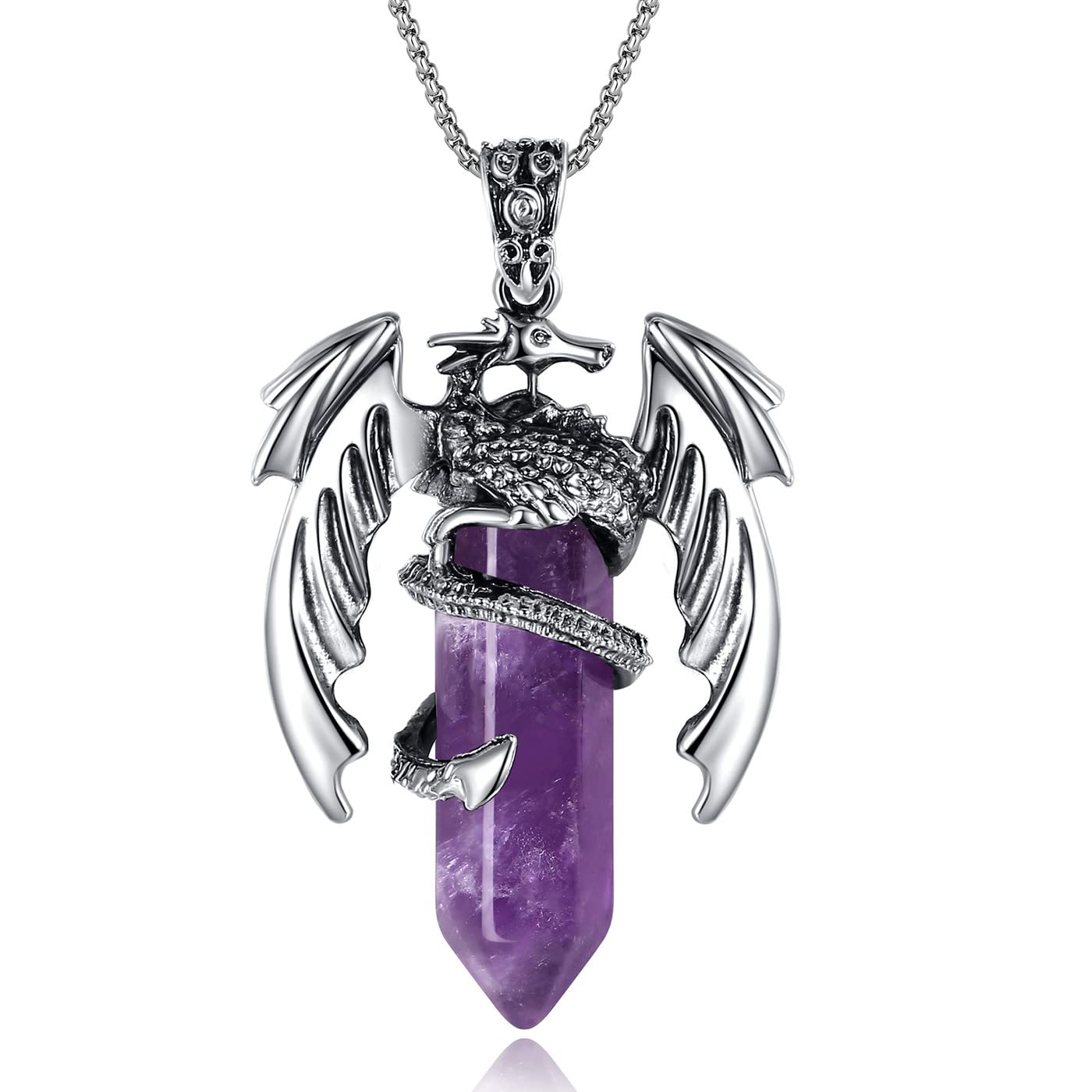 XIANNVXI Crystal Healing Stone Necklace for Men Women Amethyst Vintage Dragon Necklace Cool Simple Retro Natural Reiki Spirtural Witch Gemstone Pendant Jewelry