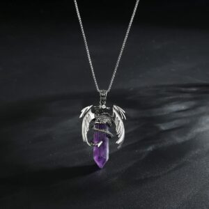 XIANNVXI Crystal Healing Stone Necklace for Men Women Amethyst Vintage Dragon Necklace Cool Simple Retro Natural Reiki Spirtural Witch Gemstone Pendant Jewelry