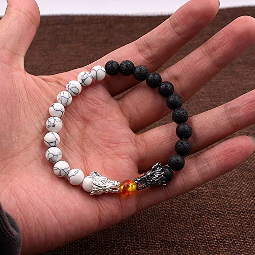 tqyzkh Bead Bracelets for Men and Women Natural Black Lava & White Howlite Buddha Dragon Beaded Stone Bracelet Good Luck Charm Jewelry Gift Adjustable