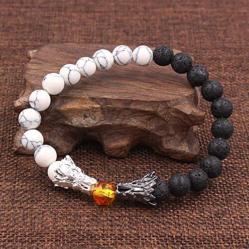 tqyzkh Bead Bracelets for Men and Women Natural Black Lava & White Howlite Buddha Dragon Beaded Stone Bracelet Good Luck Charm Jewelry Gift Adjustable