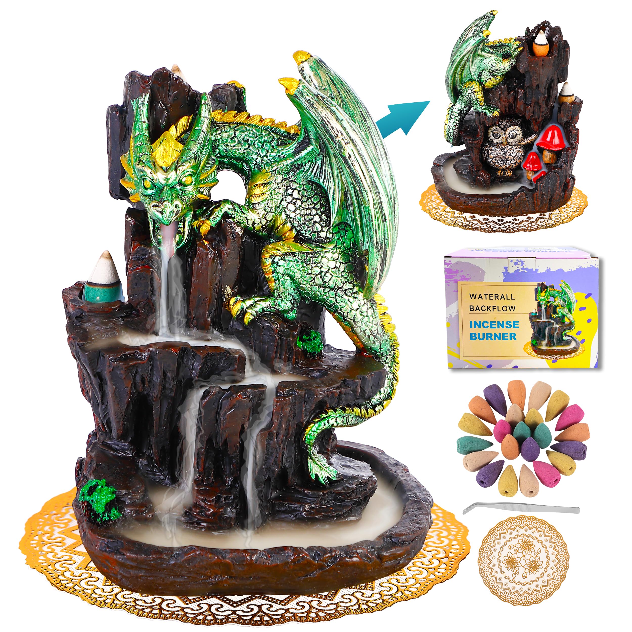 Zvaiuk Dragon Backflow 2 Sided Mountain Waterfall Incense Burner,Fountain Smoke Incense Holder with 100 Backflow Incense Cones, Tweezers, Mat，Resin Aromatherapy Meditation Decor