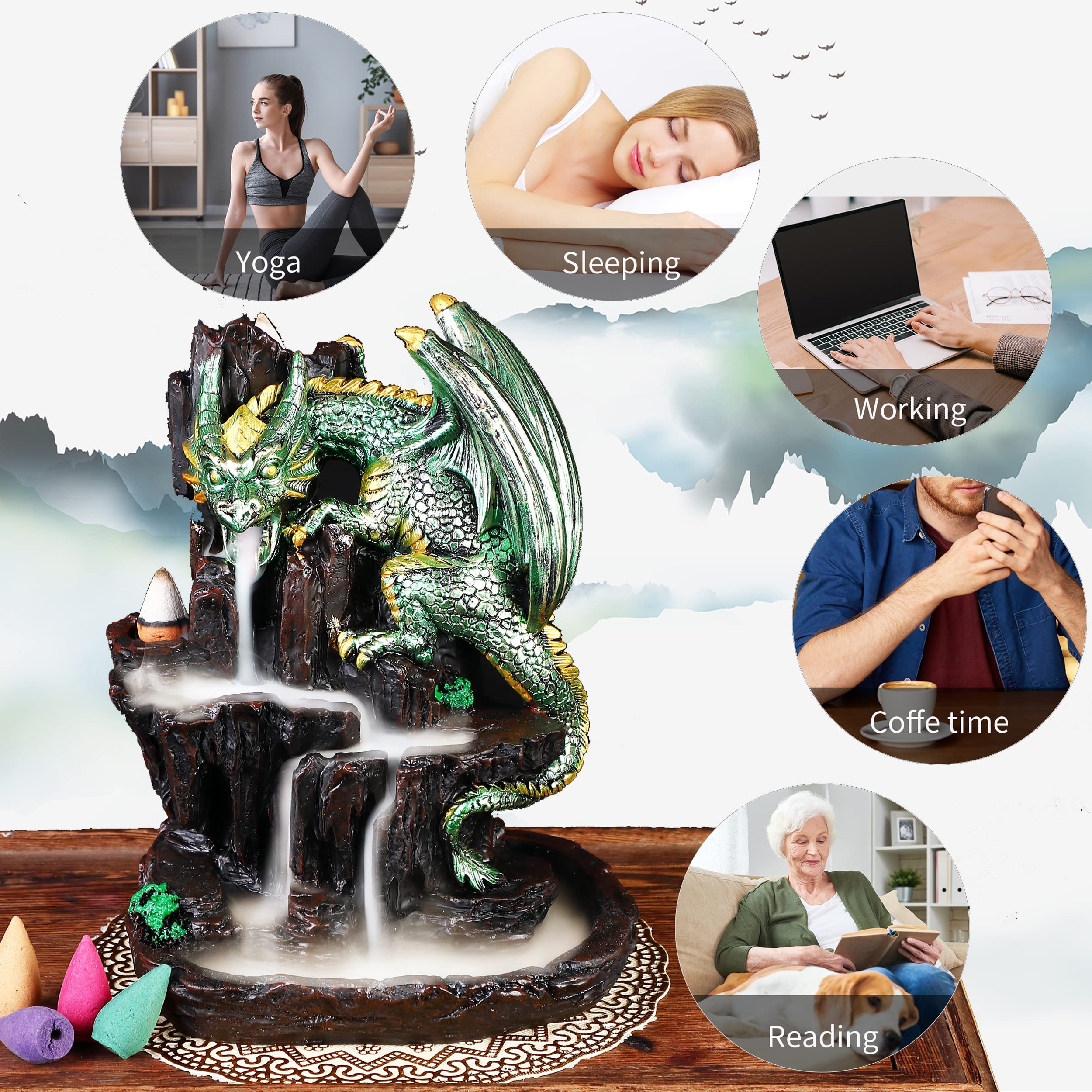 Zvaiuk Dragon Backflow 2 Sided Mountain Waterfall Incense Burner,Fountain Smoke Incense Holder with 100 Backflow Incense Cones, Tweezers, Mat，Resin Aromatherapy Meditation Decor