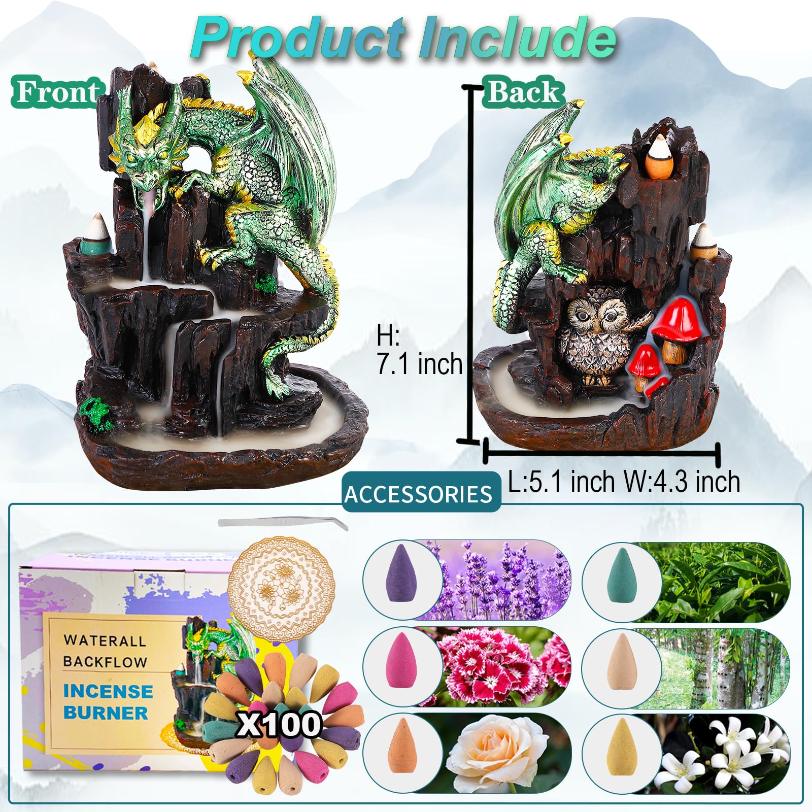 Zvaiuk Dragon Backflow 2 Sided Mountain Waterfall Incense Burner,Fountain Smoke Incense Holder with 100 Backflow Incense Cones, Tweezers, Mat，Resin Aromatherapy Meditation Decor