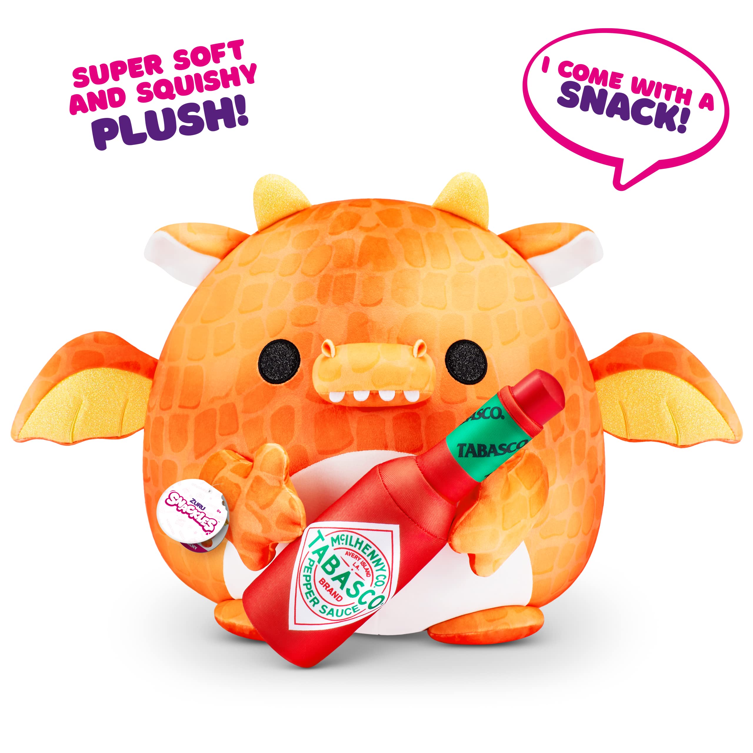 ZURU Snackles (Tabasco Dragon Super Sized 14 inch Plush by ZURU, Ultra Soft Plush, Collectible Plush with Real Licensed Brands, Stuffed Animal