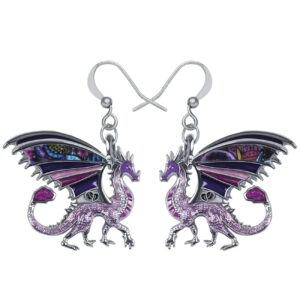 enamel alloy dinosaur fantasy dragon earrings drop dangle unique animal jewelry for women dragons gifts (orchid purple)