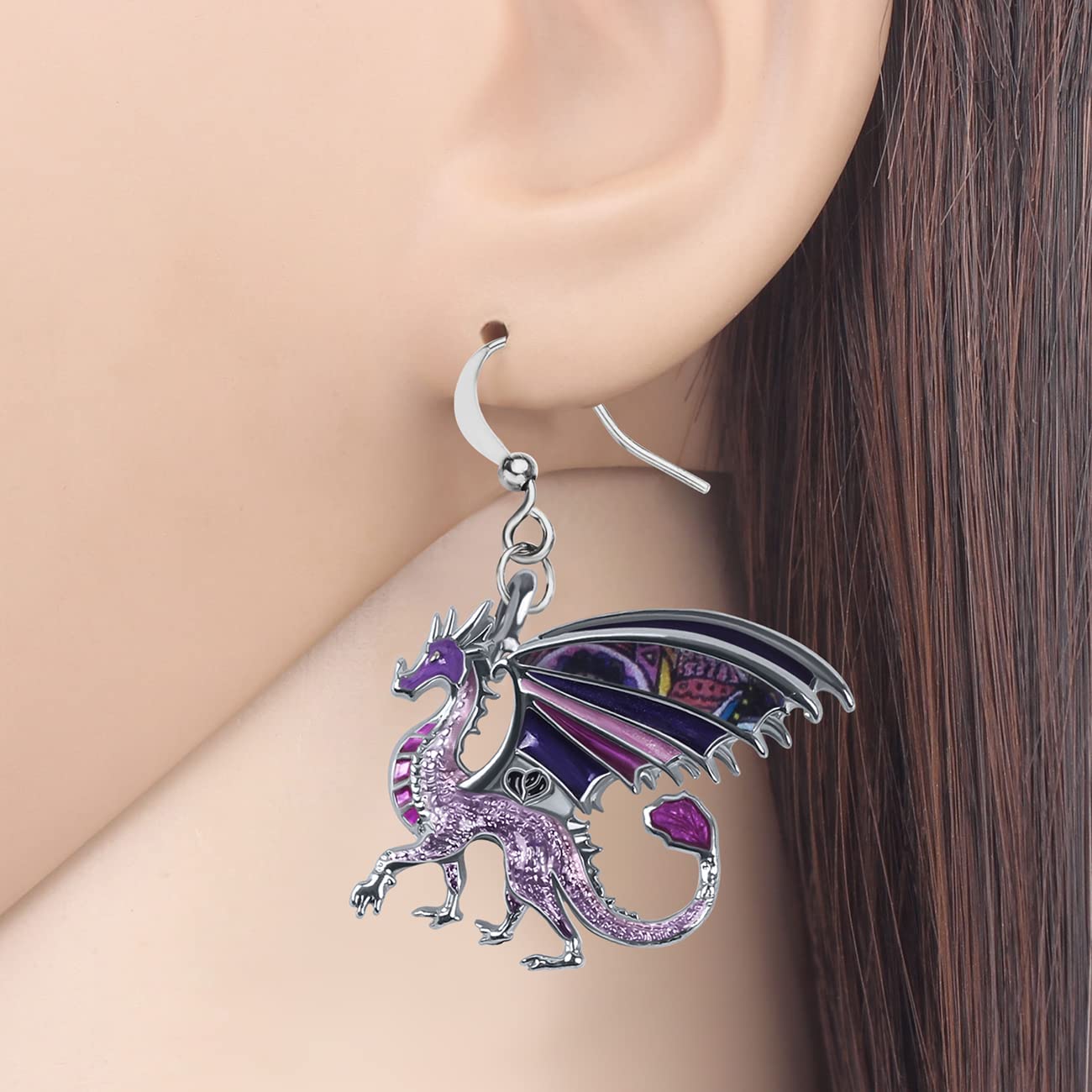 Enamel Alloy Dinosaur Fantasy Dragon Earrings Drop Dangle Unique Animal Jewelry for Women Dragons Gifts (Orchid Purple)