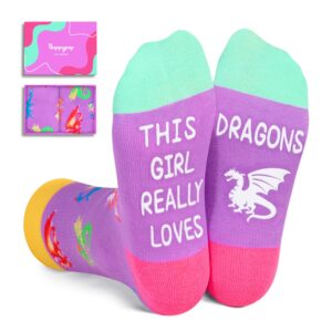 happypop crazy dragon gifts for girls kids, silly kids girls socks dragon girl socks dragon stuff, kids socks for girls 7-9 years old