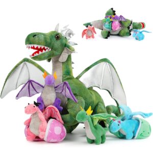 MorisMos Giant Dragon Stuffed Animal, Large Dragon Plush Toy with Baby Dragons Inside, Big Mommy Stuffed Dragon with Babies Set, Gifts for Kids, Boys on Christmas, Birthday (Green 21in)