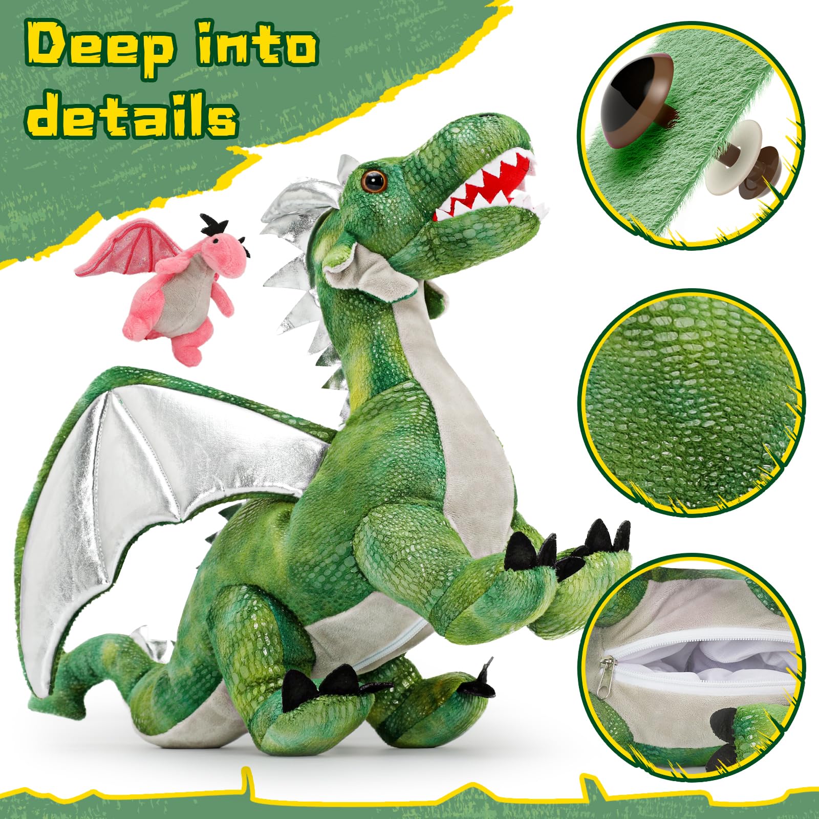 MorisMos Giant Dragon Stuffed Animal, Large Dragon Plush Toy with Baby Dragons Inside, Big Mommy Stuffed Dragon with Babies Set, Gifts for Kids, Boys on Christmas, Birthday (Green 21in)