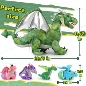 MorisMos Giant Dragon Stuffed Animal, Large Dragon Plush Toy with Baby Dragons Inside, Big Mommy Stuffed Dragon with Babies Set, Gifts for Kids, Boys on Christmas, Birthday (Green 21in)