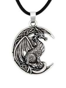 haquil dragon necklace for men, celtic dragon on crescent moon pendant, faux leather cord, dragon jewelry gift