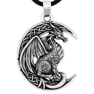 HAQUIL Dragon Necklace for Men, Celtic Dragon on Crescent Moon Pendant, Faux Leather Cord, Dragon Jewelry Gift