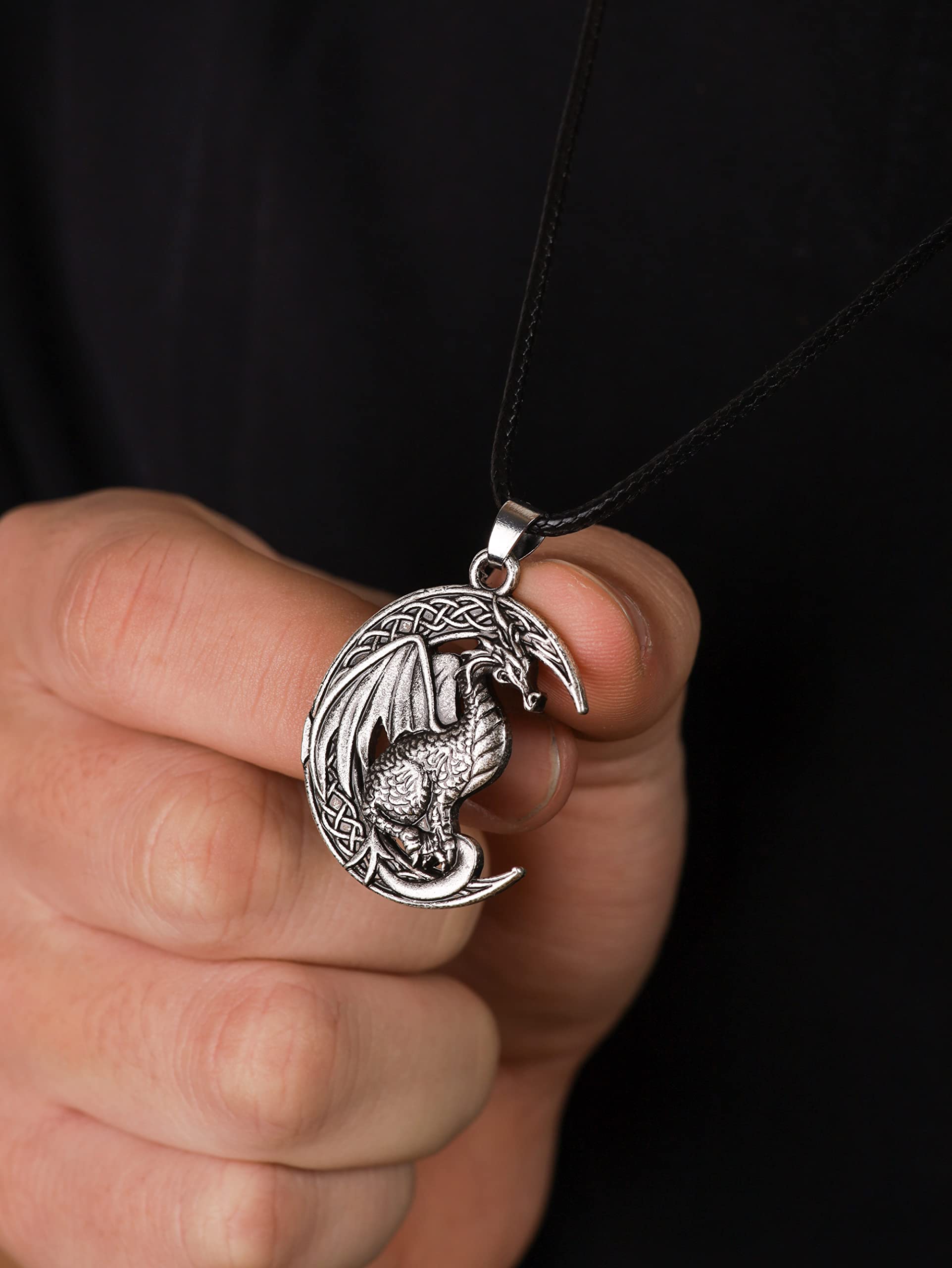 HAQUIL Dragon Necklace for Men, Celtic Dragon on Crescent Moon Pendant, Faux Leather Cord, Dragon Jewelry Gift