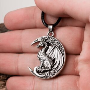 HAQUIL Dragon Necklace for Men, Celtic Dragon on Crescent Moon Pendant, Faux Leather Cord, Dragon Jewelry Gift