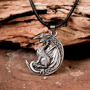 HAQUIL Dragon Necklace for Men, Celtic Dragon on Crescent Moon Pendant, Faux Leather Cord, Dragon Jewelry Gift